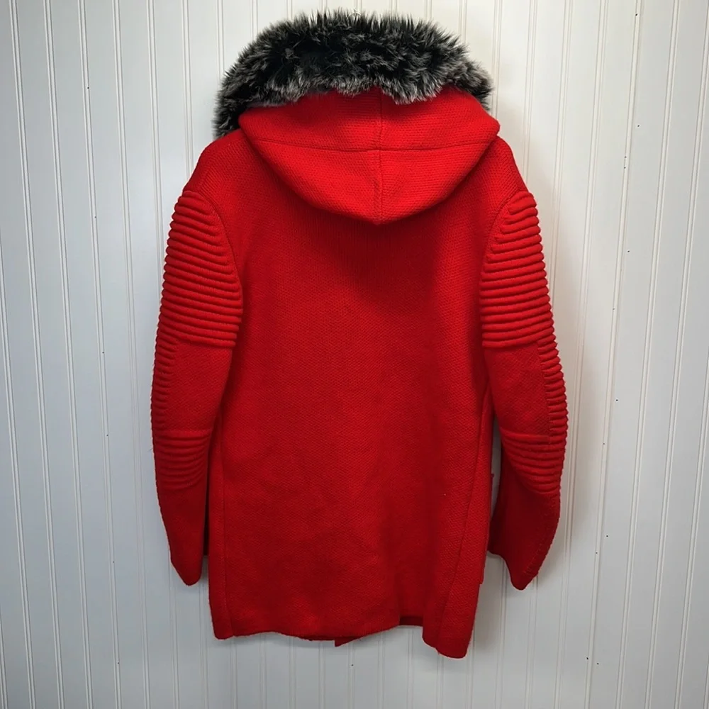 One In A Million Fur Trimmed Hooded Sweater Cardigan Jacket Sz‎ L Poppy Red